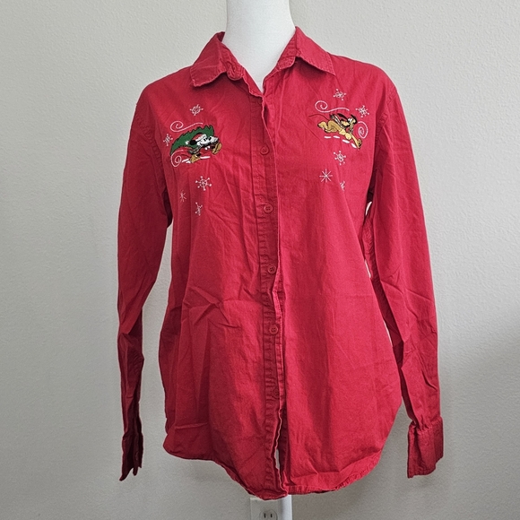 Disney Tops - Vintage Disney Mickey & Pluto Christmas Red Long Sleeve Button Up Blouse Medium